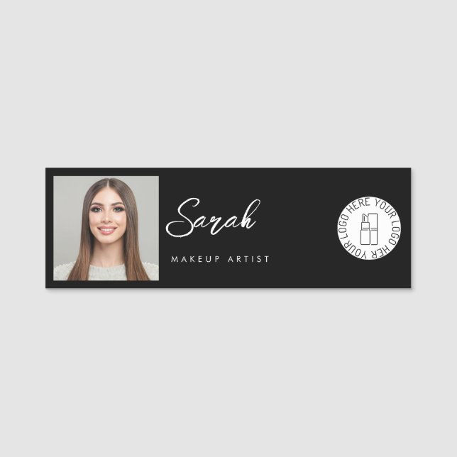 Black White Logo Photo Makeup Employee Name Tag (Front)