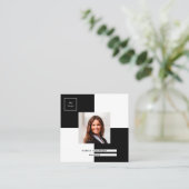Black white logo photo QR code Square Business Card (Standing Front)