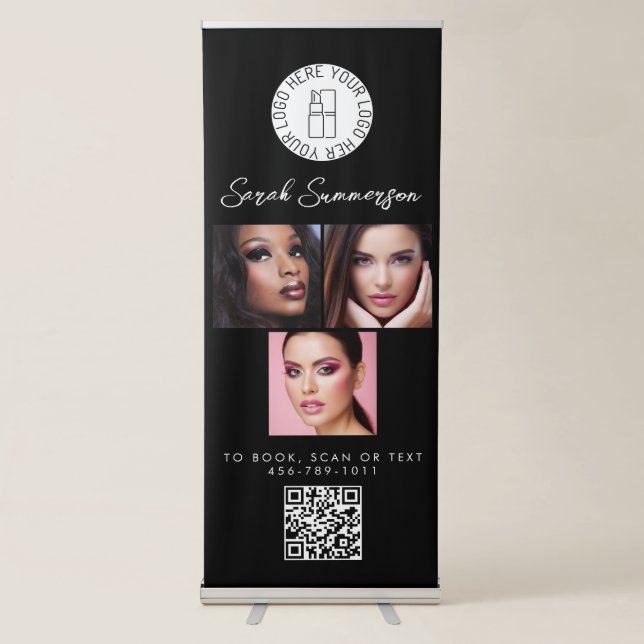 Black White Logo QR Code 3 Photo Makeup Studio Retractable Banner (Front)
