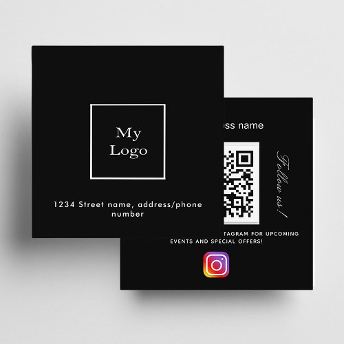 Black white logo QR code Instagram follow us Square Business Card