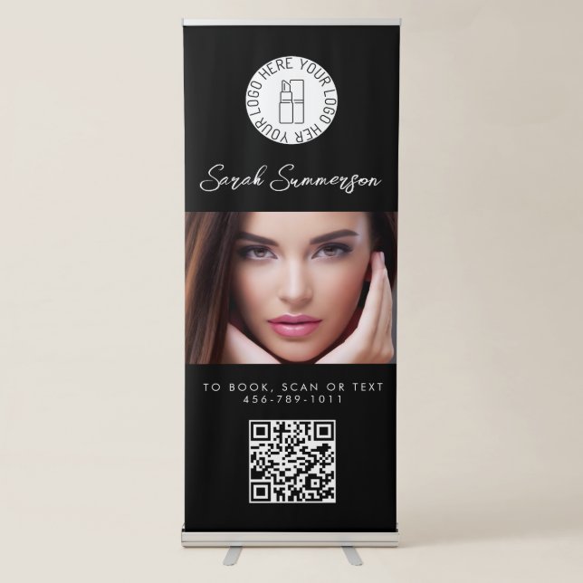 Black White Logo QR Code Photo Makeup Studio Retractable Banner (Front)