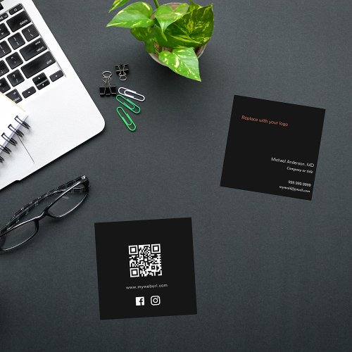 Black white logo QR code social media icons Square Business Card