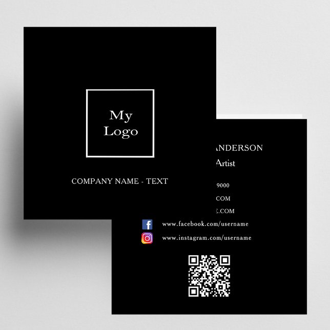 Black white logo QR code social media premium Square Business Card (Creator Uploaded)