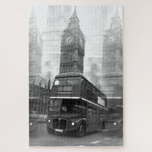 Black  White London Bus  Big Ben Jigsaw Puzzle