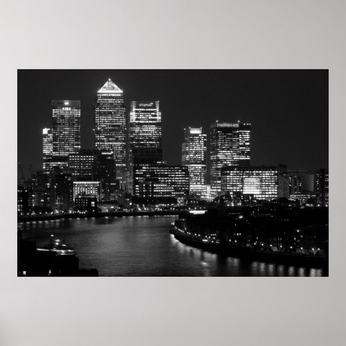 Black White London City Night UK Travel Poster