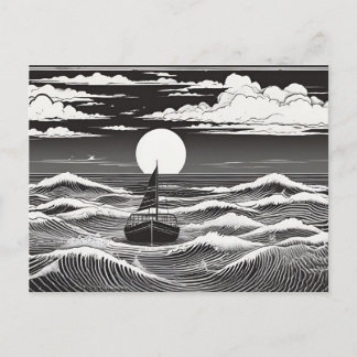 Black & White Lonely Sailboat Moon Waves Postcard