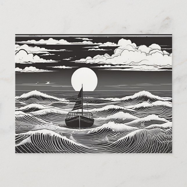 Black & White Lonely Sailboat Moon Waves Postcard (Front)