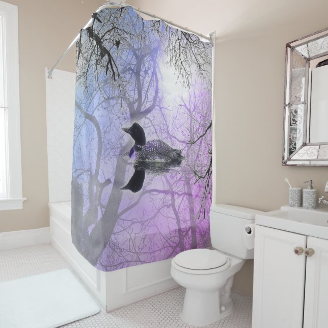 Black  white loon on a lake Shower Curtain purple (In Situ)