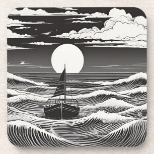 Black White Lost Boat at Sea Beverage Coaster