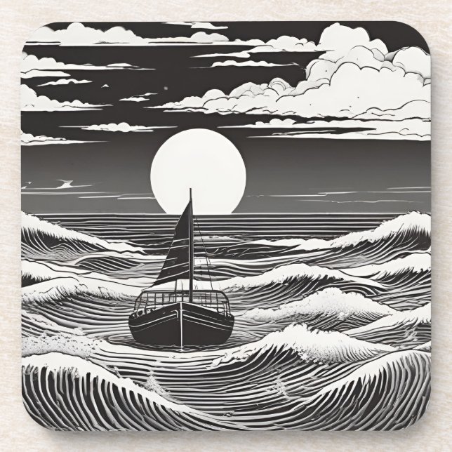 Black White Lost Boat at Sea Beverage Coaster (Front)