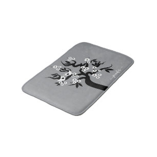 Black, white love birds cherry tree, blossoms gray bath mat
