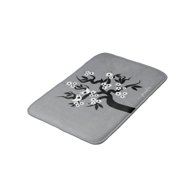 Black, white love birds cherry tree, blossoms gray bath mat (Angled)