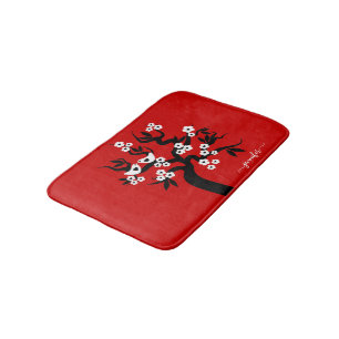 Black, white love birds cherry tree, blossoms red bath mat