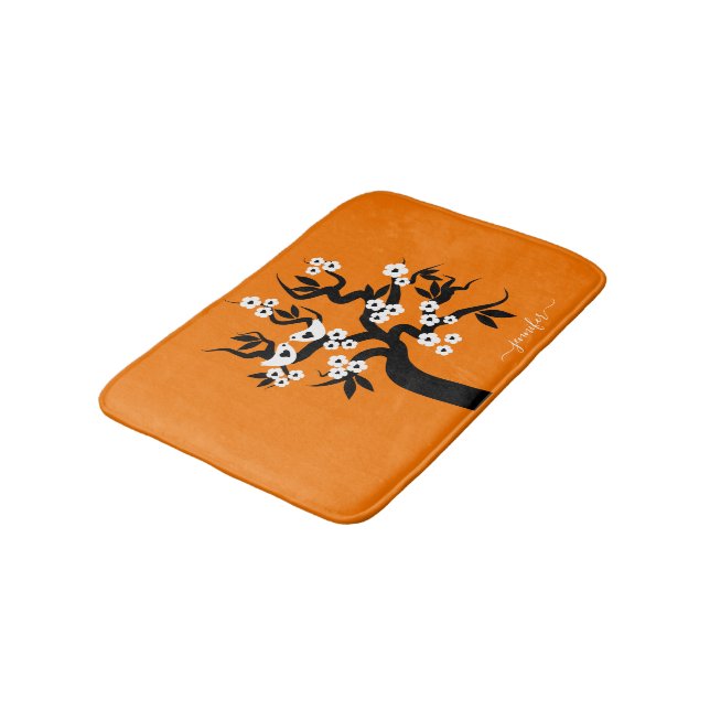 Black, white love birds cherry tree orange bath mat (Angled)
