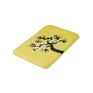 Black, white love birds cherry tree yellow bath mat