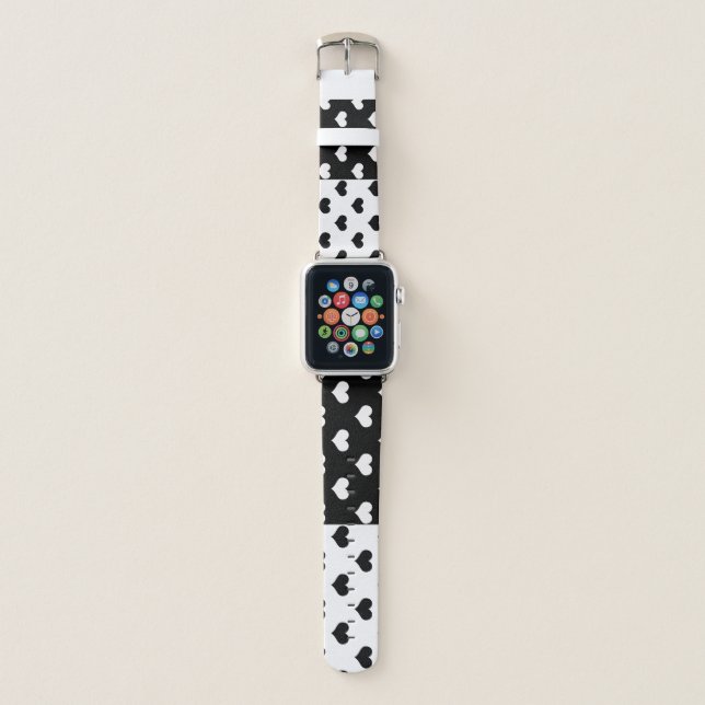 Black White Love Heart Pattern Apple Watch Band (Front)