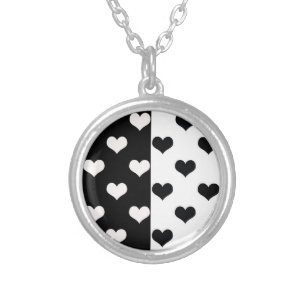 Black White Love Heart Pattern Silver Plated Necklace