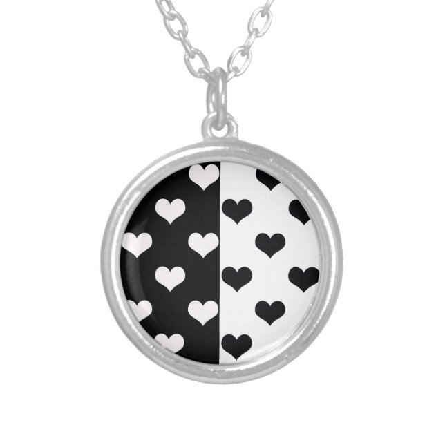 Black White Love Heart Pattern Silver Plated Necklace (Front)
