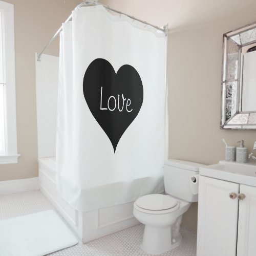 BLACK  WHITE LOVE HEART Text Print Shower Curtain