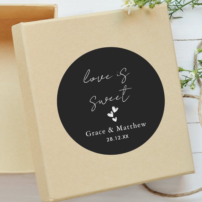 Black & White Love is Sweet Wedding Sweet Favor  Classic Round Sticker (Creator Uploaded)