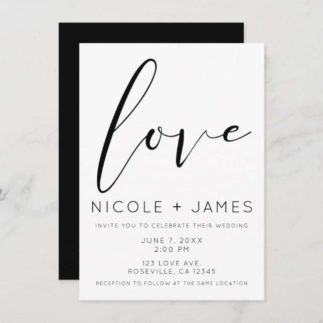 Black & White LOVE Minimal Modern Wedding Invitation (Front/Back)