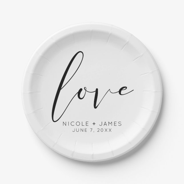 Black & White LOVE Minimal Modern Wedding Paper Plates (Front)