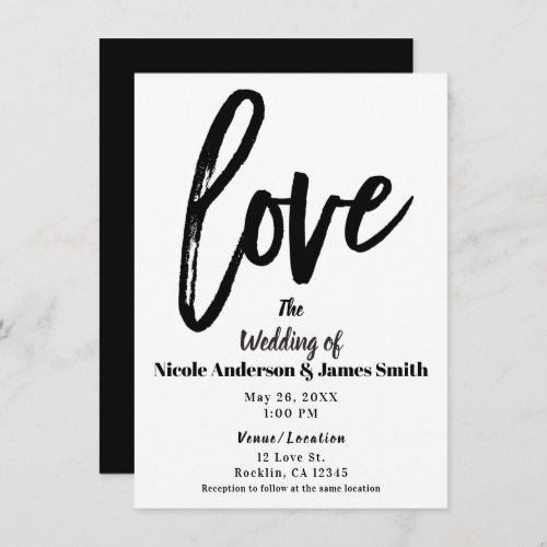 Black  White LOVE Modern Brush Script Wedding Invitation