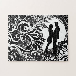 Black & White Love: Silhouette Couple in a Kiss Jigsaw Puzzle