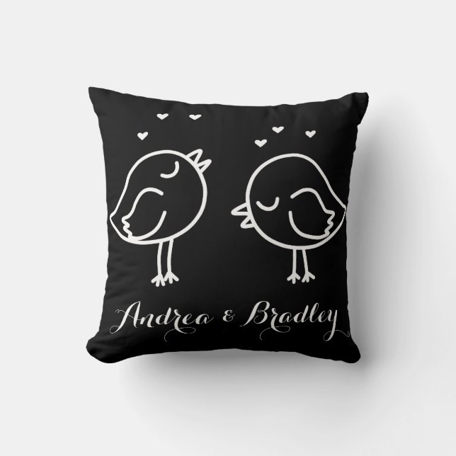 Black & White Lovebirds In Love Doodles Pillow (Front)