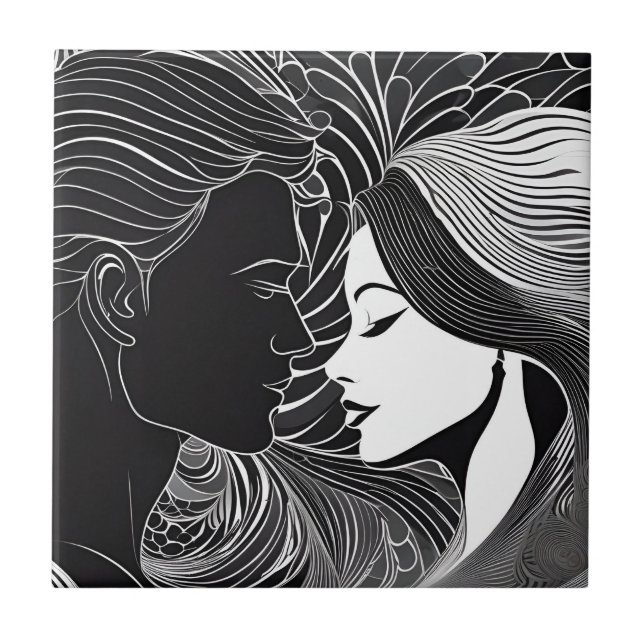Black & White Lovers Romantic Embrace Silhouettes Ceramic Tile (Front)