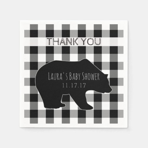 Black  White Lumberjack Plaid  Bear Baby Shower Paper Napkins