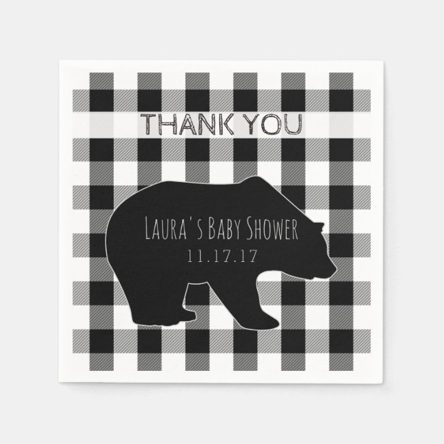 Black & White Lumberjack Plaid | Bear Baby Shower Paper Napkins (Front)