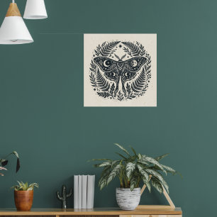 Black White Luna Moth Celestial Moon Lino Cut Wood Poster