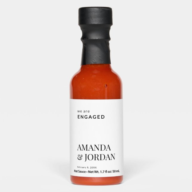  Black & White Luxe Minimalist Engagement  Hot Sauces (Front)