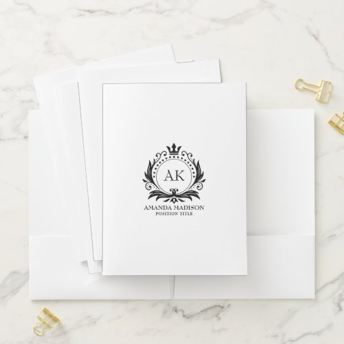 Black White Luxury Crown Wedding Monogram Pocket Folder