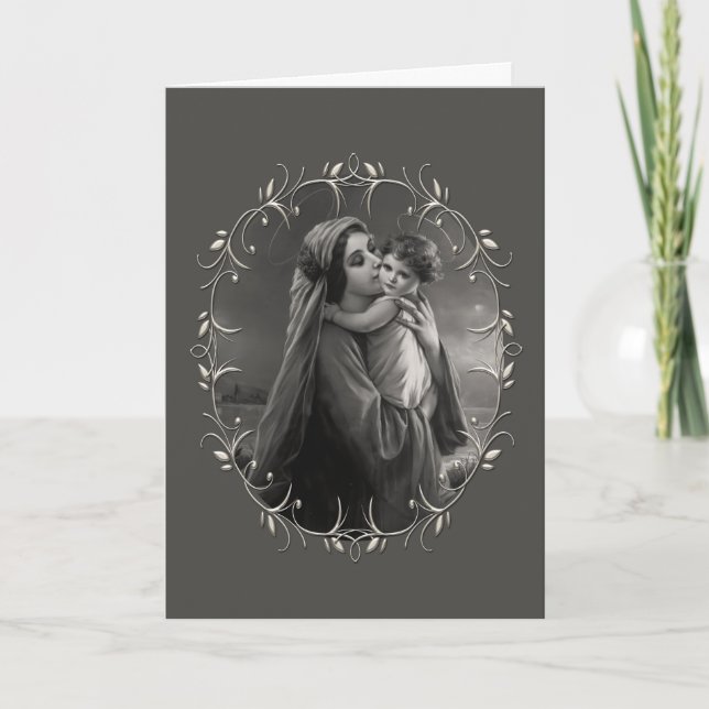 Black & White Madonna and Child with Silver Frame Holiday Card (Front)