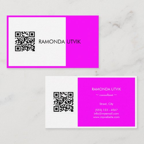 Black White Magenta Elegant Modern with QR code Business Card