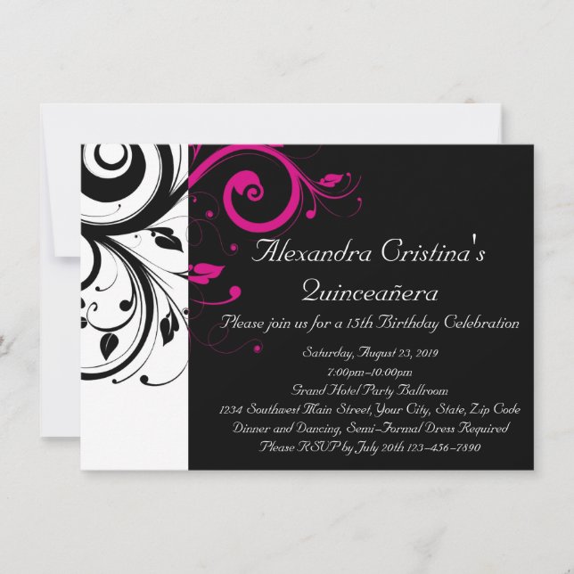 Black, White, Magenta Swirl Quinceañera Invitation (Front)