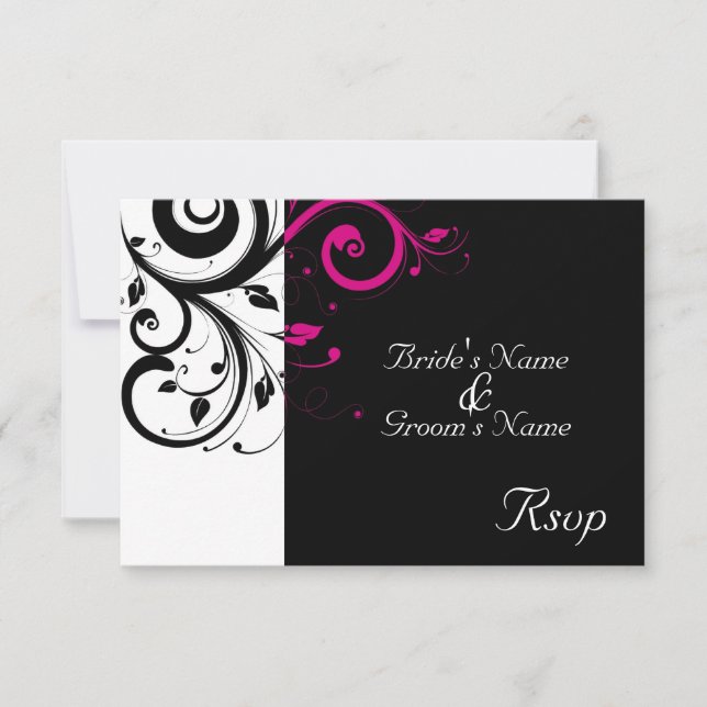 Black/White Magenta Swirl Wedding Small RSVP (Front)