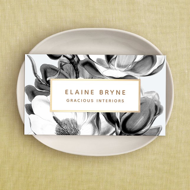 Black White Magnolia Botanical Business Card (Creator Uploaded)