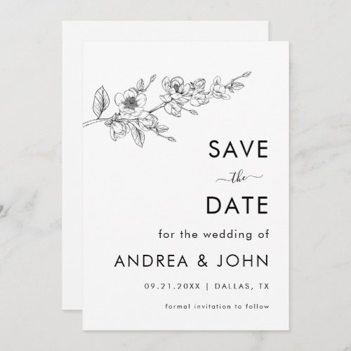 Black  White Magnolia Branch Rustic Minimalist Save The Date