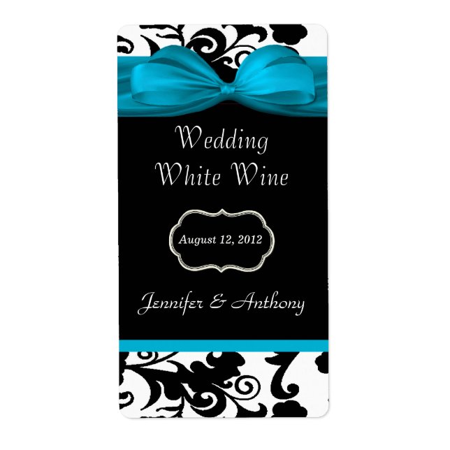 Black, White & Malibu Blue Damask Mini Wine Labels (Front)