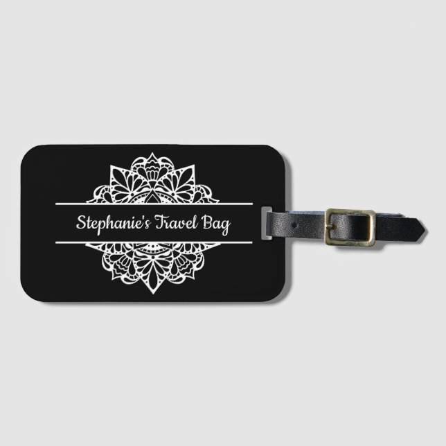 Black & White Mandala Art Personalized Luggage Tag (Front Horizontal)