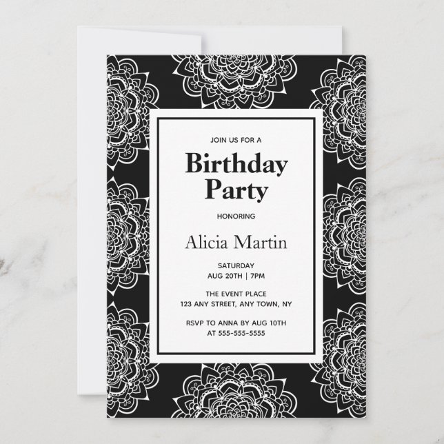 Black & White Mandala Flower Birthday Party Invitation (Front)