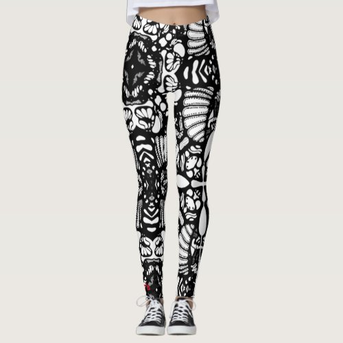 black white mandala hand drawn digital art leggings