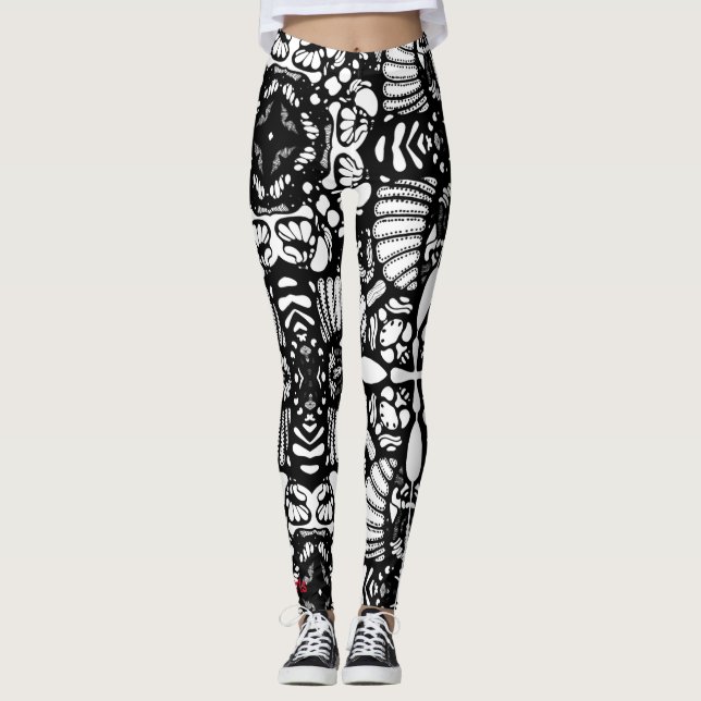 black white mandala hand drawn digital art leggings (Front)