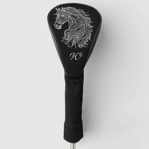 Black White Mandala Horse Head Monogram Initial  Golf Head Cover