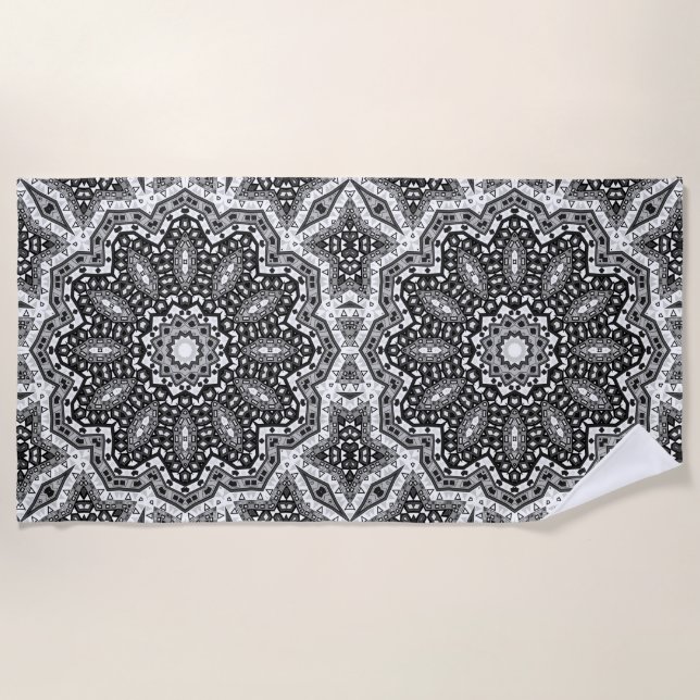 Black white mandala, kaleidoscope, round ornament beach towel (Front)