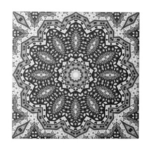 Black white mandala, kaleidoscope, round ornament ceramic tile