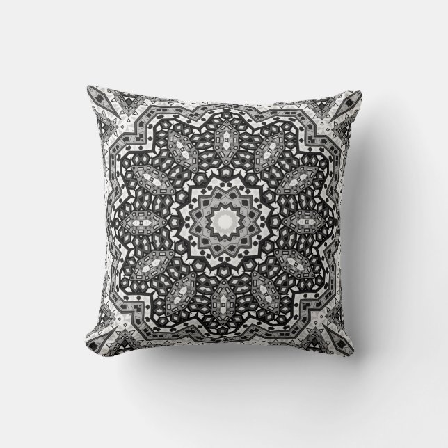Black white mandala, kaleidoscope, round ornament throw pillow (Front)